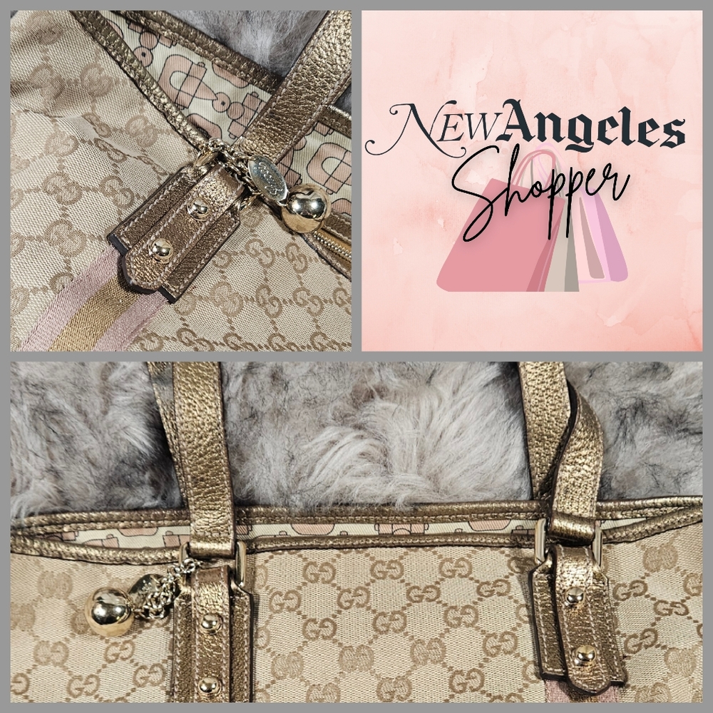GUCCI  Monogram Charm Small Tote Pink and Tan with Metalic Gold Straps - Picture 2 of 12